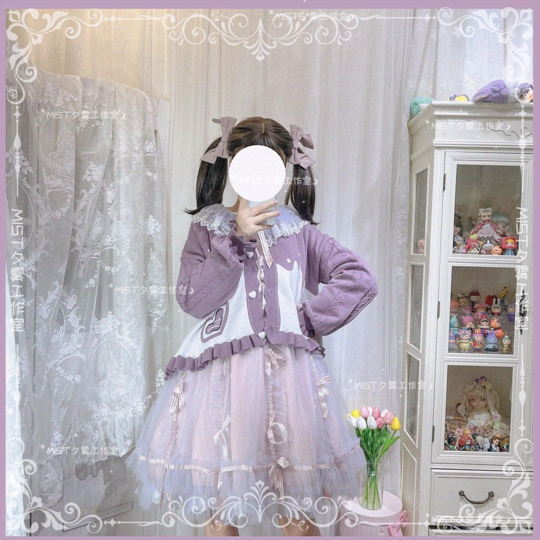 Sweet Lolita puff sleeve cardigan coat tea party styling in indoor tea room setting