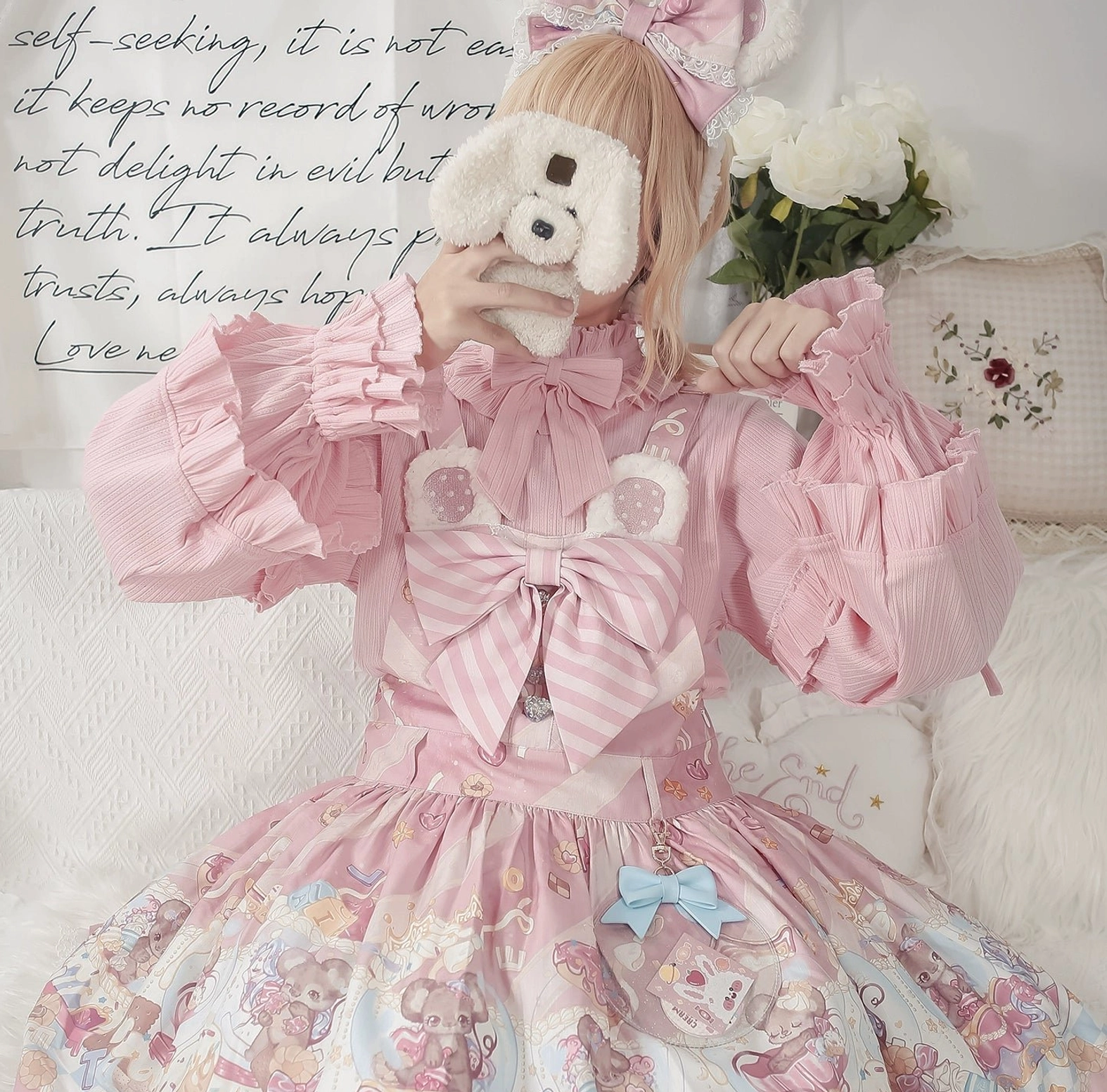Sweet lolita puff sleeve knit inner blouse detail shot showing ruffle texture and bow decoration handmade quality