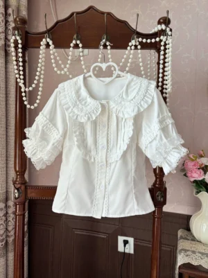 sweet lolita puff sleeve blouse white color peter pan collar ruffled doll collar lace trim front button closure vintage style satin fabric