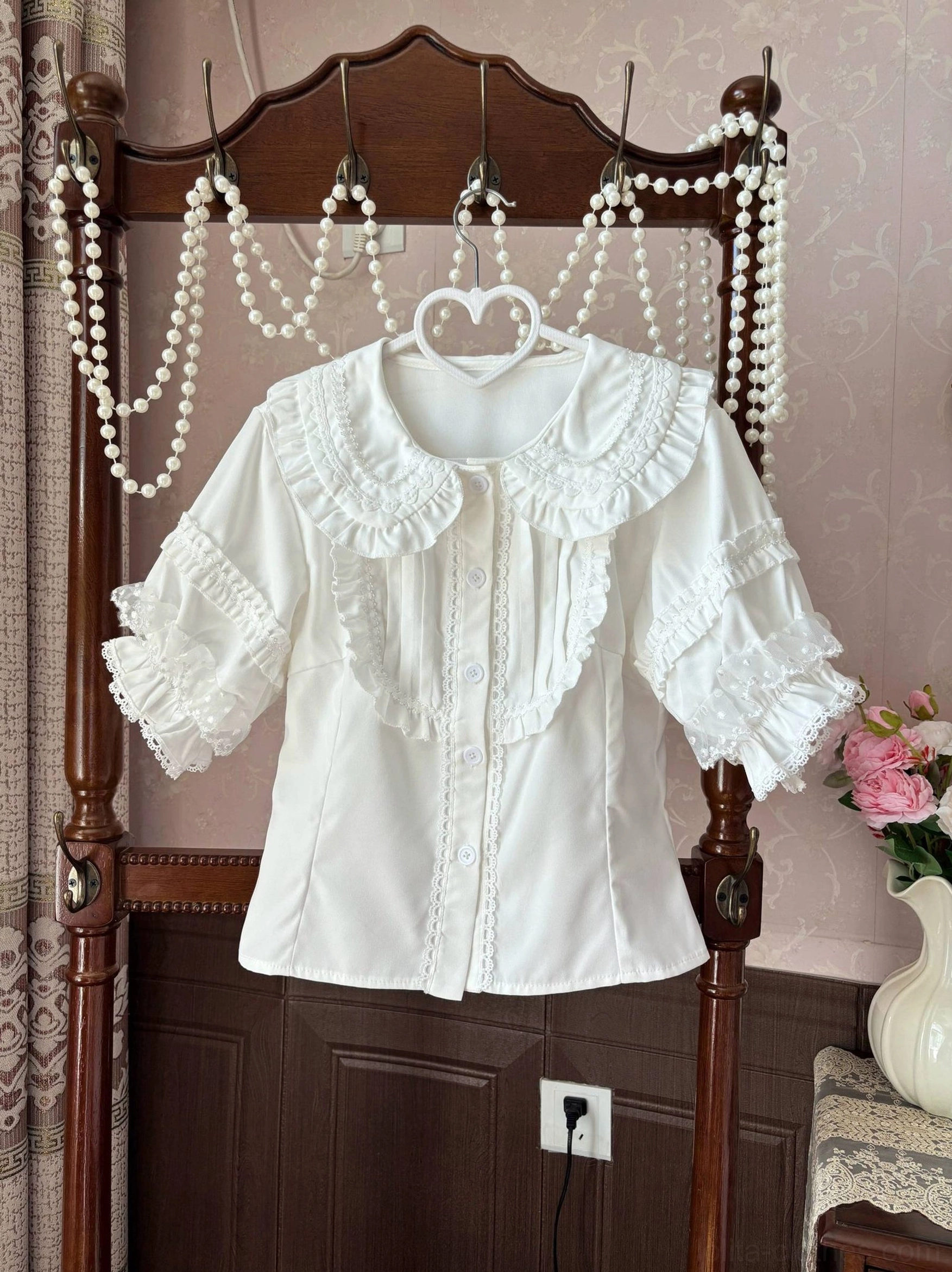 sweet lolita puff sleeve blouse white color peter pan collar ruffled doll collar lace trim front button closure vintage style satin fabric