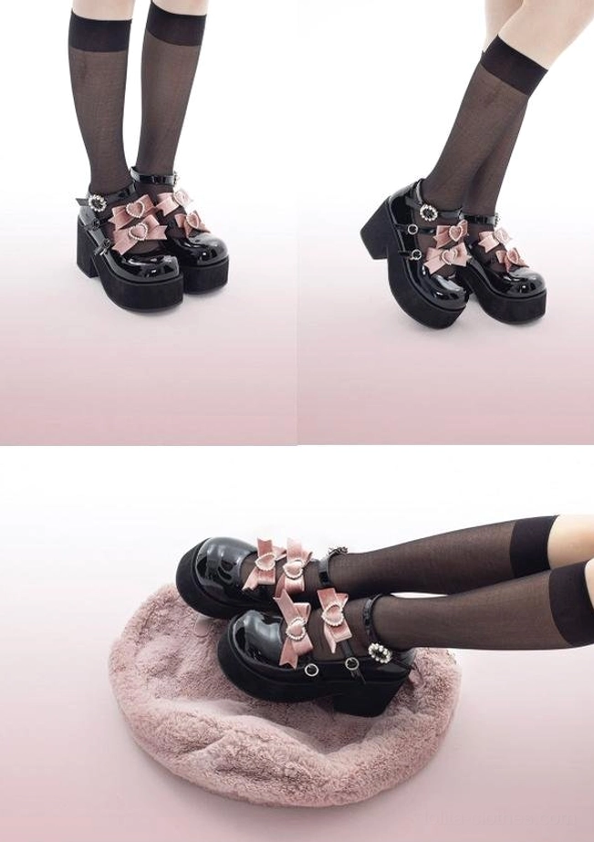 Sweet lolita punk platform heel shoes complete collection all color variations black purple pink bow heart buckle design showcase
