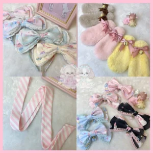 Sweet Lolita puppy-themed accessory collection flat lay featuring fluffy hair clips, striped ribbon tie, lace bows, and decorative props