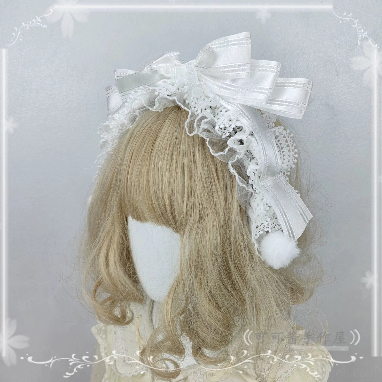 Pure White Sweet Lolita Oversized Bow Headdress with Layered Ruffled Lace and White Pompom Accent Details