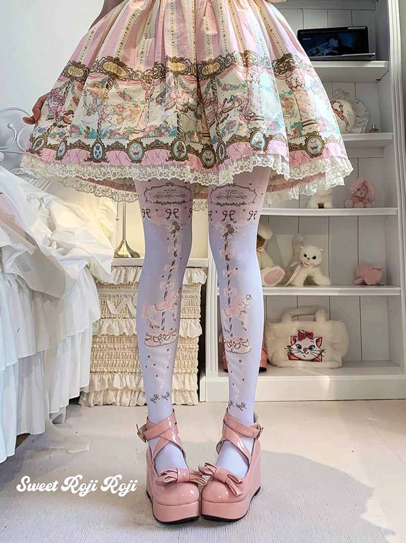 Sweet Lolita purple carousel velvet printed pantyhose styled with sweet Lolita skirt pink platform heels cozy girl bedroom plush toy shelves