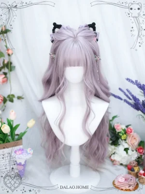 Sweet lolita purple wig front three-quarter view with blunt bangs and lavender wavy texture styled with black bow and chain hair clips