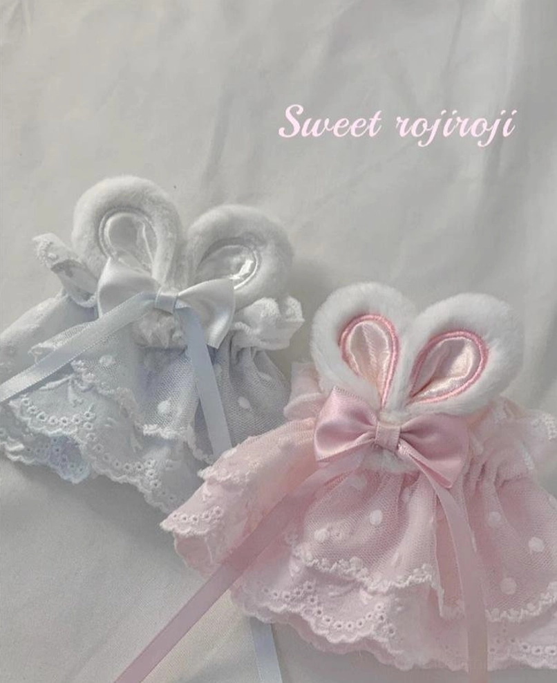 Sweet Lolita rabbit ear lace wrist cuffs color swatches palette pink white yellow lavender options showcase