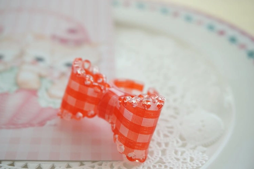 red grid lolita bow ring gingham pattern glitter jewelry adjustable ring band