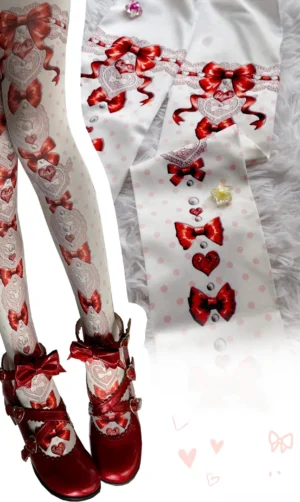 Red Sweet Lolita printed tights with white polka dots red bow and heart prints styled with red Mary Jane shoes on leg close-up and flat lay view on furry background with heart decorations