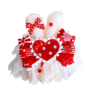 Red sweet lolita rabbit ear cuffs with polka dot heart decoration lace ruffle trim flat lay display