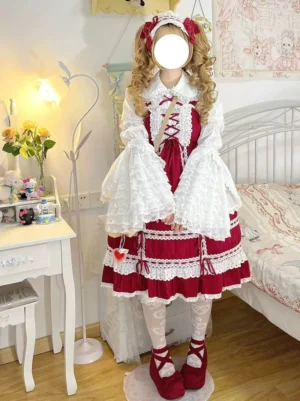 Complete Sweet Lolita coordinate outfit featuring red and white blouse with detachable puff sleeves, coordinating skirt, hair bows and Mary Jane shoes full-body styling