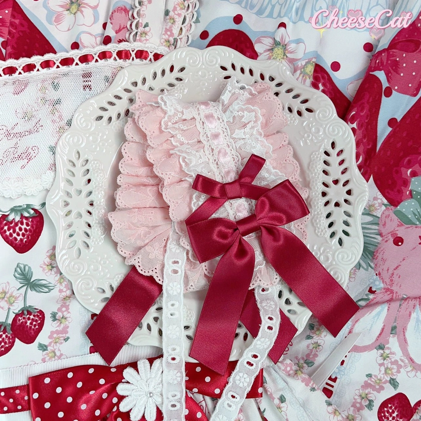 Sweet Lolita ribbon bow headband with ruffled lace edges in coordinated pastel color palette perfect for Lolita fashion coordination