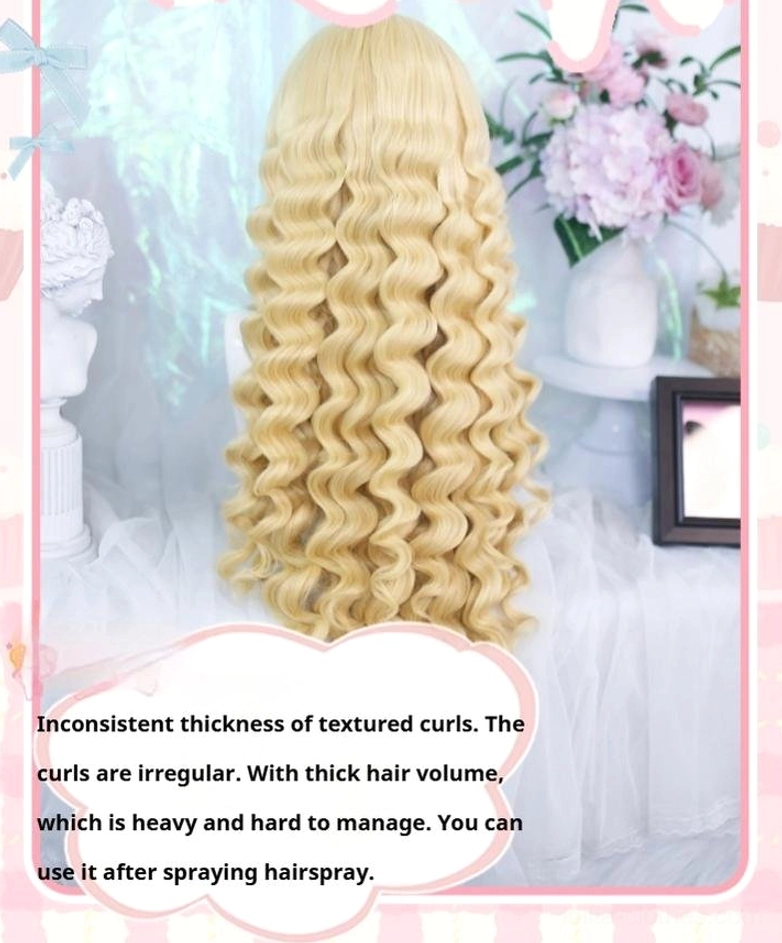 Sweet lolita long Roman curl wig full back view light blonde thick irregular spiral curls on mannequin head vintage floral photo frame background