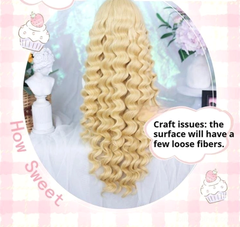 Light blonde sweet lolita long Roman curl wig styling guide back view showing curl maintenance care tips and wig styling instructions