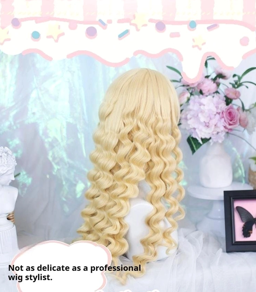 Sweet lolita long golden Roman curl wig three-quarter back view with dense light blonde spiral curls on mannequin head floral vase background
