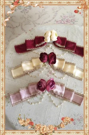 Sweet Lolita rose bow brooch collection with pink champagne, apricot red, and rose charm ribbon accessory variations on vintage lace