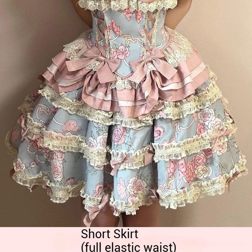 Rose floral print detail close-up showing pastel pink botanical pattern on sweet lolita fabric