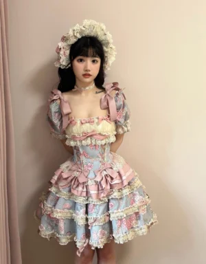 Half-body front view of plus size sweet lolita dress set with square neckline short tiered ruffle skirt and pink bow lace decoration on model with lace headdress