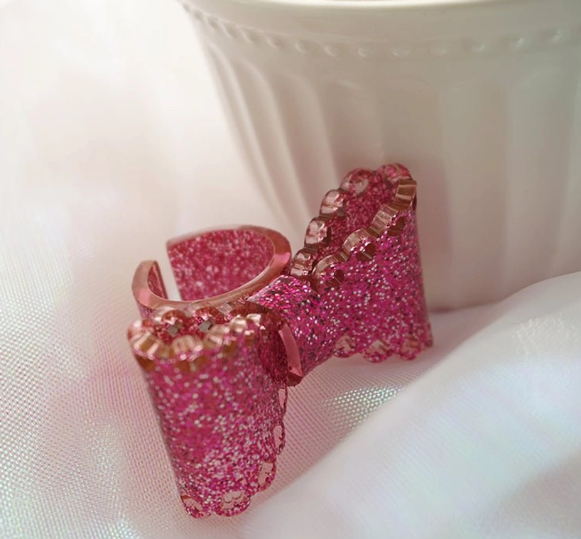 rose red glitter bow ring with scalloped lace edges sweet lolita fashion jewelry
