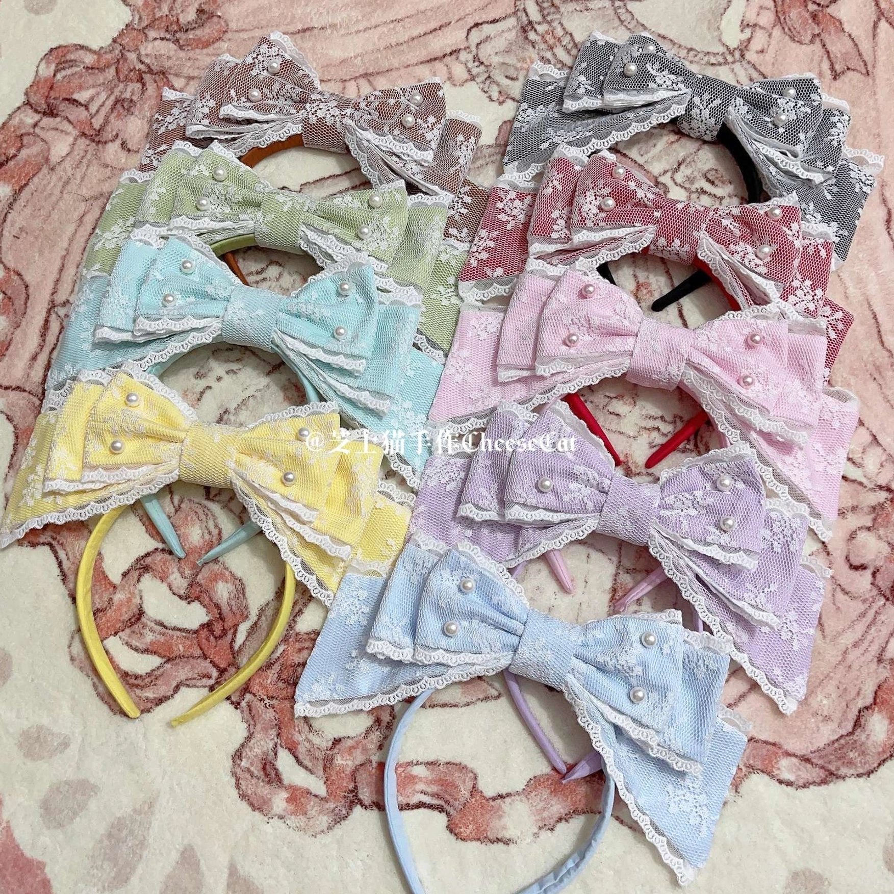 Rose red sweet lolita pearl bow KC headband worn styled with sweet coordinate outfit and lolita fashion