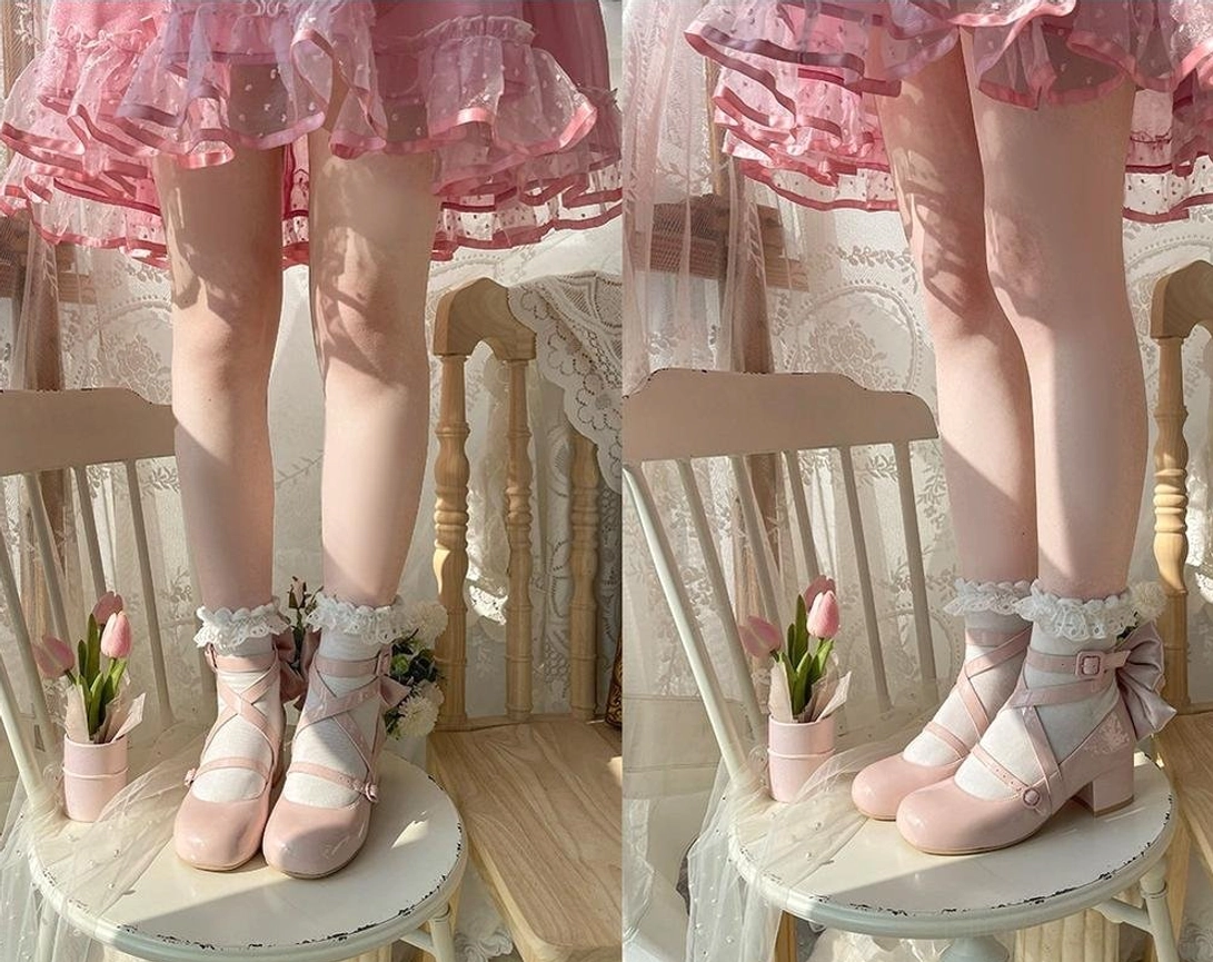 Sweet lolita round toe block heel shoes with detachable bow alternative angle view product photography showcase