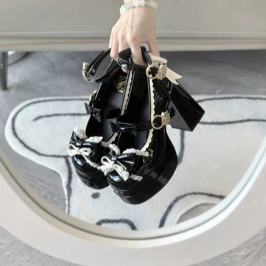 Sweet Lolita round toe platform heels overhead angle product display with complete bow and ruffle design visible