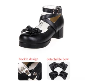 Sweet lolita round toe platform heel shoes side front view single shoe design detail insets black patent leather satin bow adjustable buckle fastening block heel