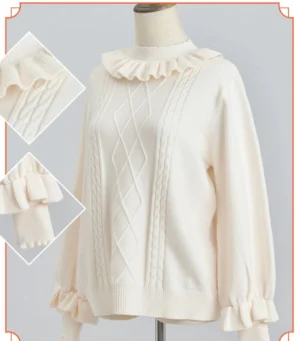 Sweet lolita ruffled collar knit sweater front view detail close-up cable aran knit pattern puffed ruffle cuffs