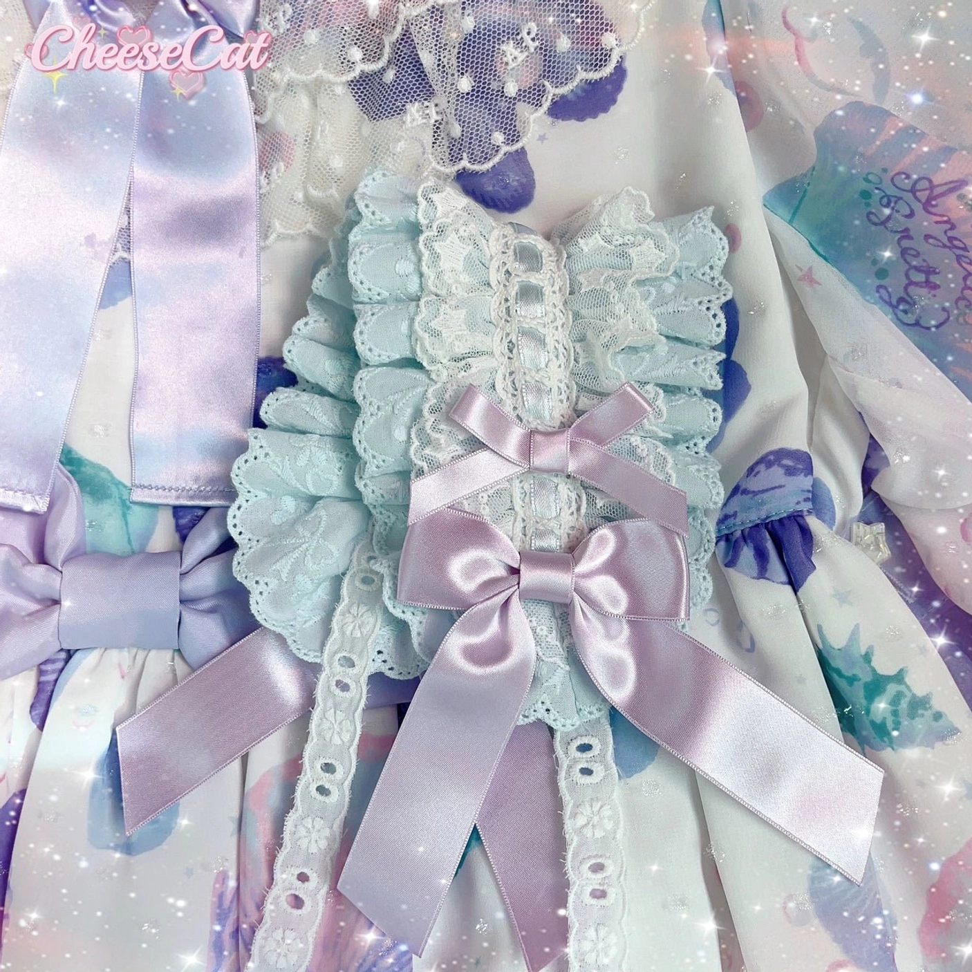 Sweet Lolita ruffled lace headband collection showing assorted color options and satin bow variations from flat lay perspective