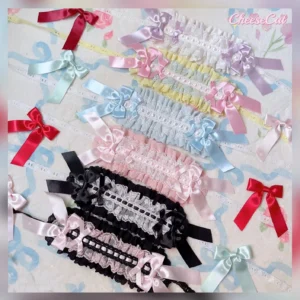 Top-down flat lay display of sweet Lolita ruffled lace headbands with satin bow decorations in multiple pastel color options including pink white blue and yellow variants