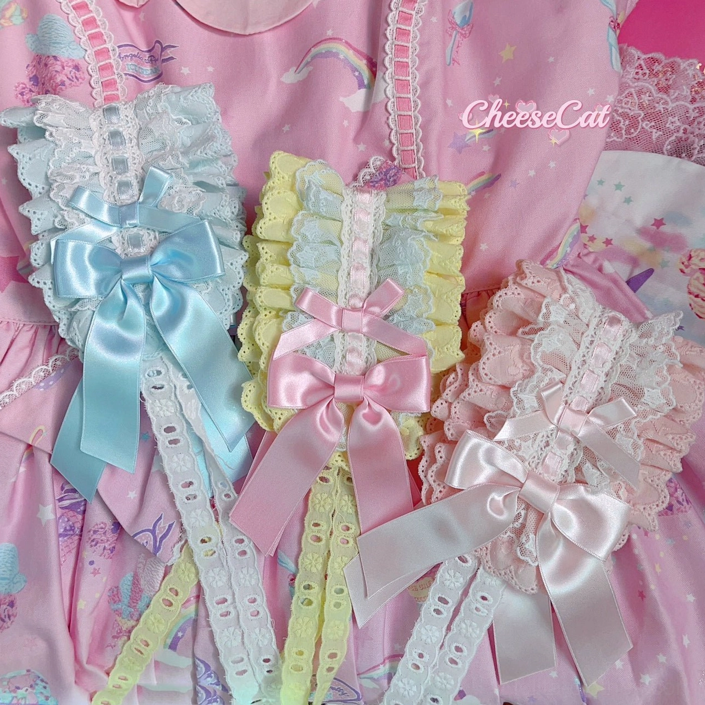 Sweet Lolita ruffled lace headband with decorative satin bow arrangement shown in professional product photography setup