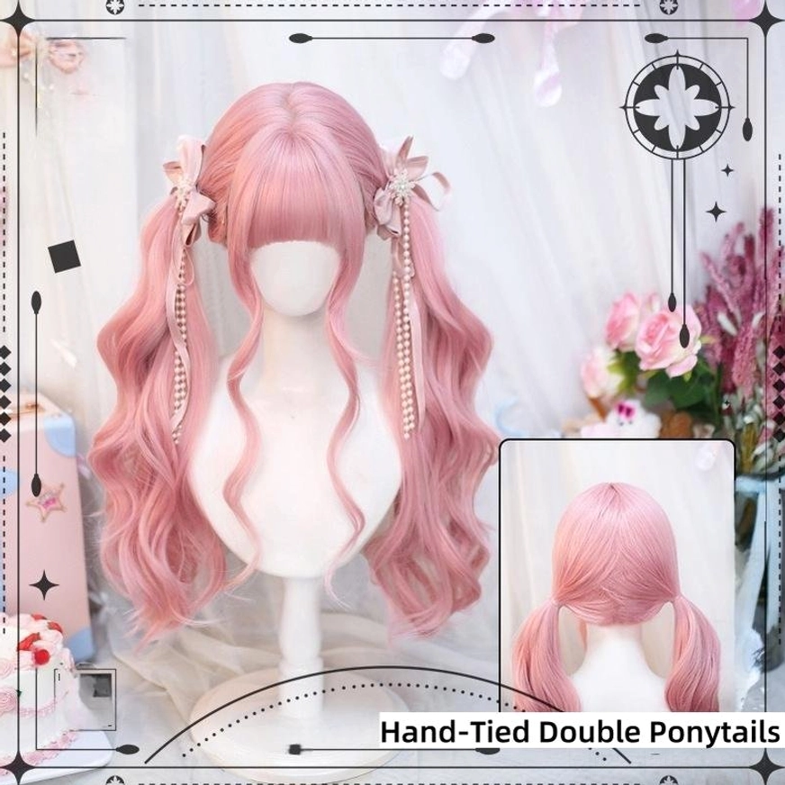 Sweet lolita wig sakura pink double ponytails with pearl tassel bow decorations and long wavy texture display