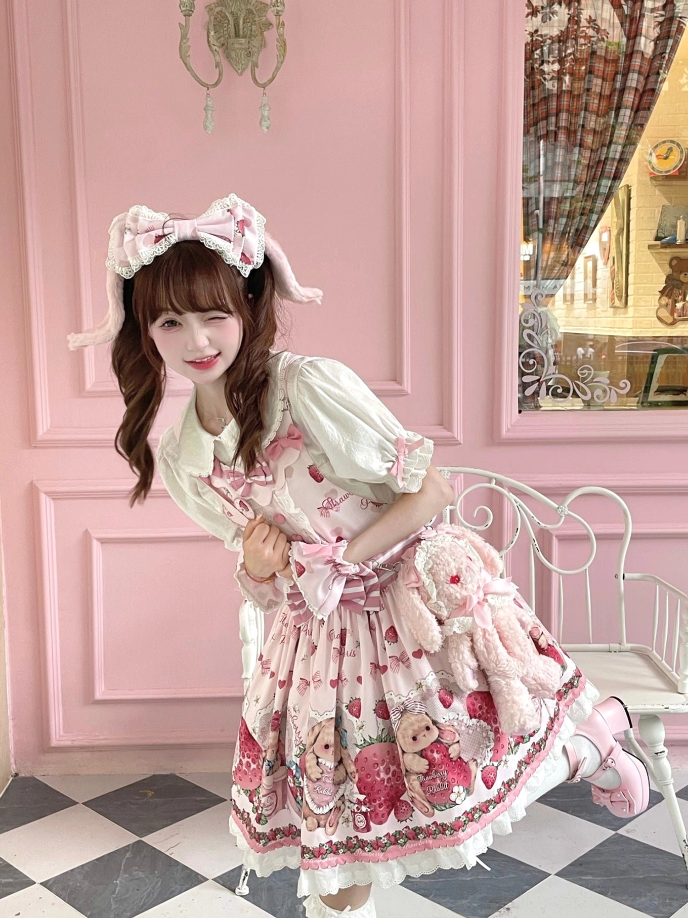 Sweet lolita salopette adjustable cross-strap back design feature detail showing customizable fit and construction