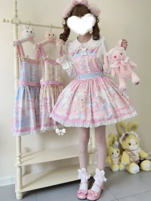 Blue and pink sweet lolita salopette jumper skirt full body coordinate with white blouse and frilled Mary Jane shoes