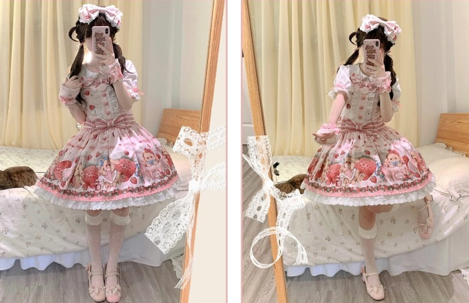 Sweet lolita salopette color options pink red and black displayed together showing available colorways