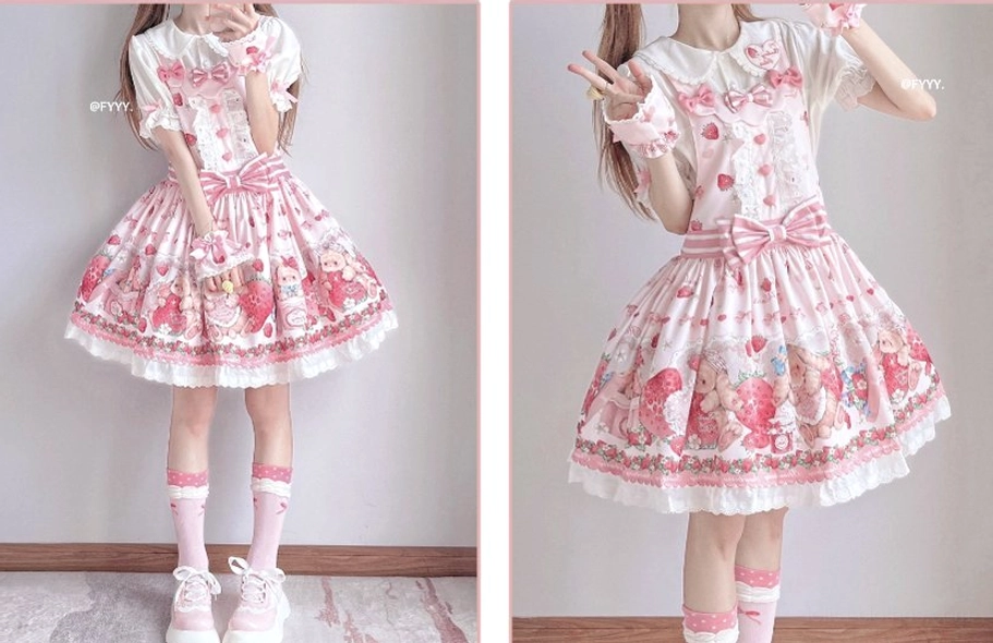 Sweet lolita salopette complete gift set all accessories bunny clips hair bow wrist cuffs displayed together