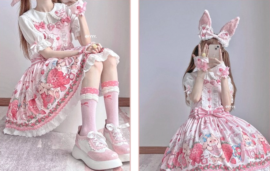 Sweet lolita salopette complete gift set presentation showing coordinated pieces for full lolita fashion experience