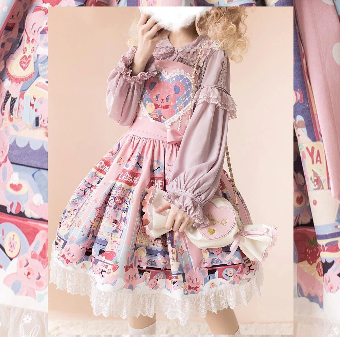 Sweet lolita salopette with doll collar blouse white ruffled top layering ensemble