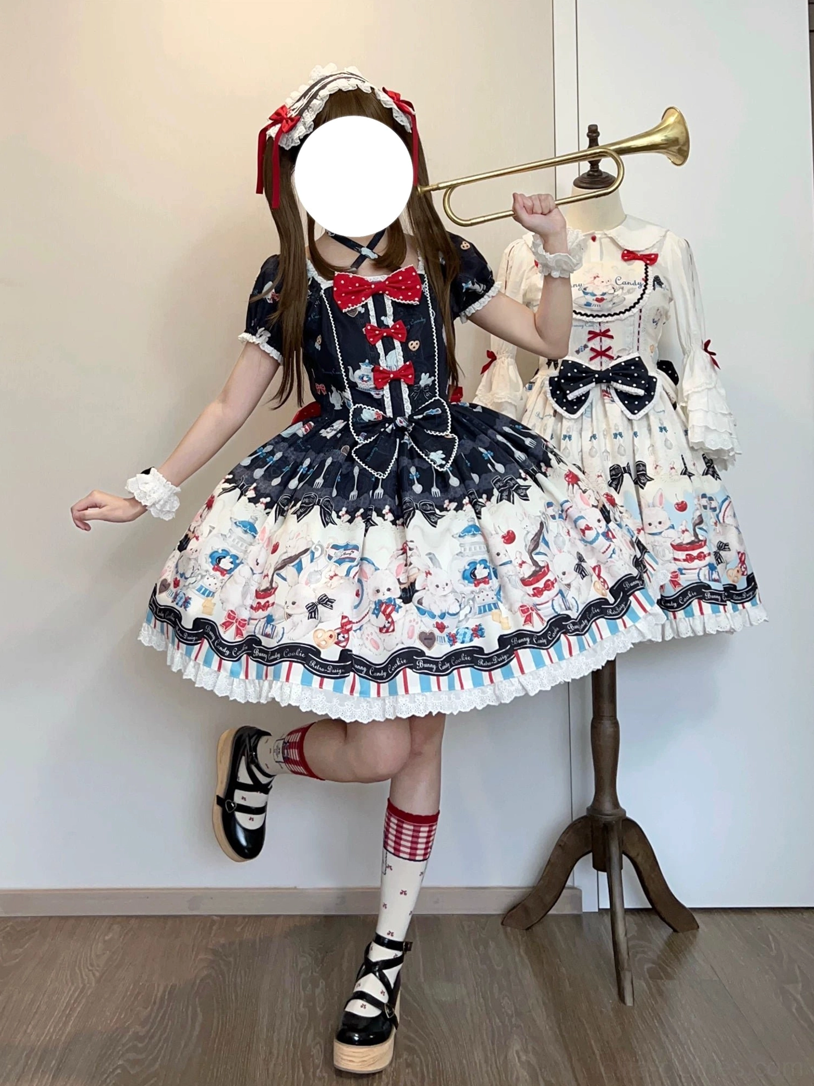 Sweet Lolita Salopette dress bunny print front view adjustable shoulder straps fit all body types no stretch