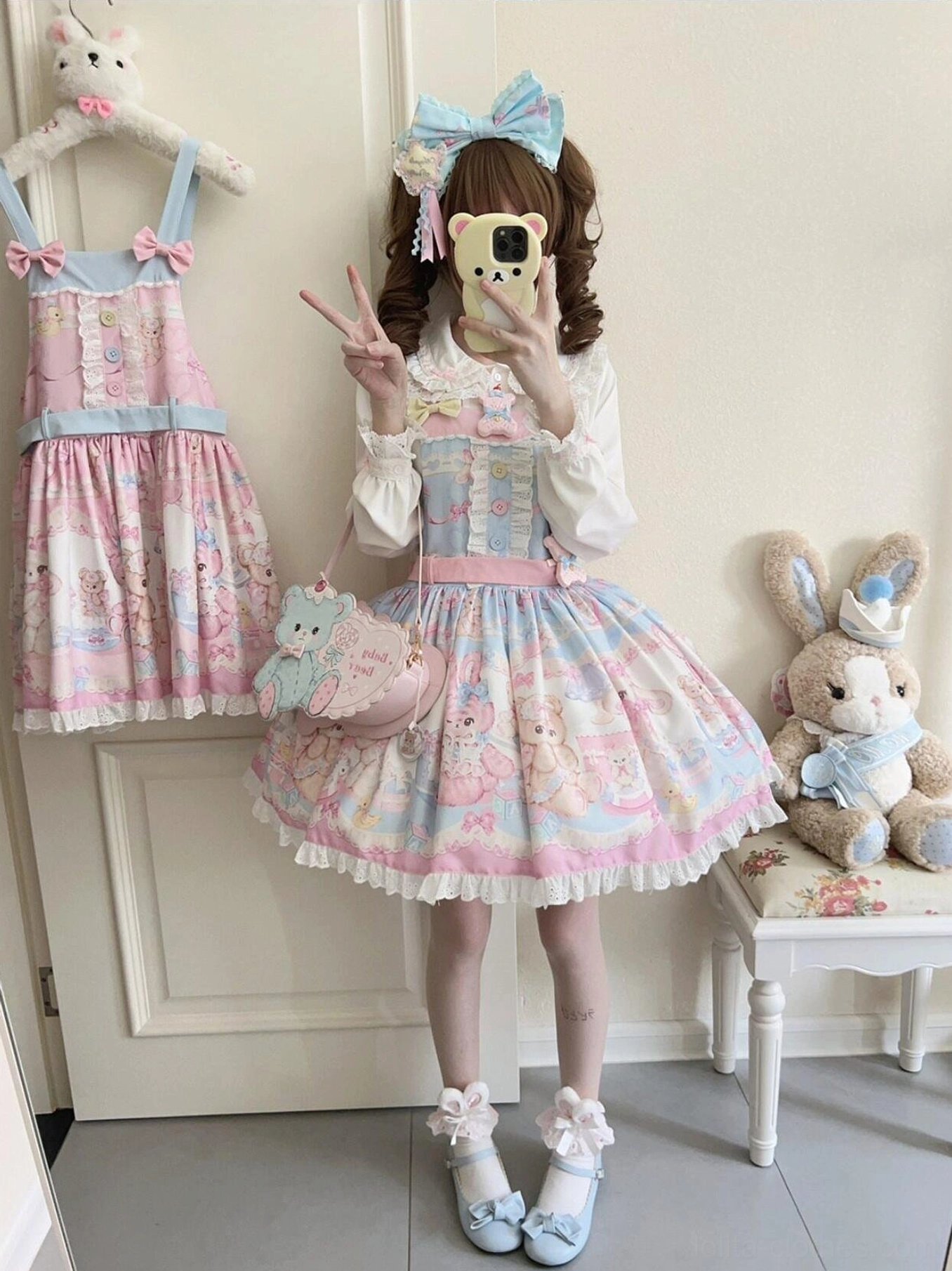 Sweet lolita salopette dress removable waist tie feature adjustable shoulder straps high-waist construction detail