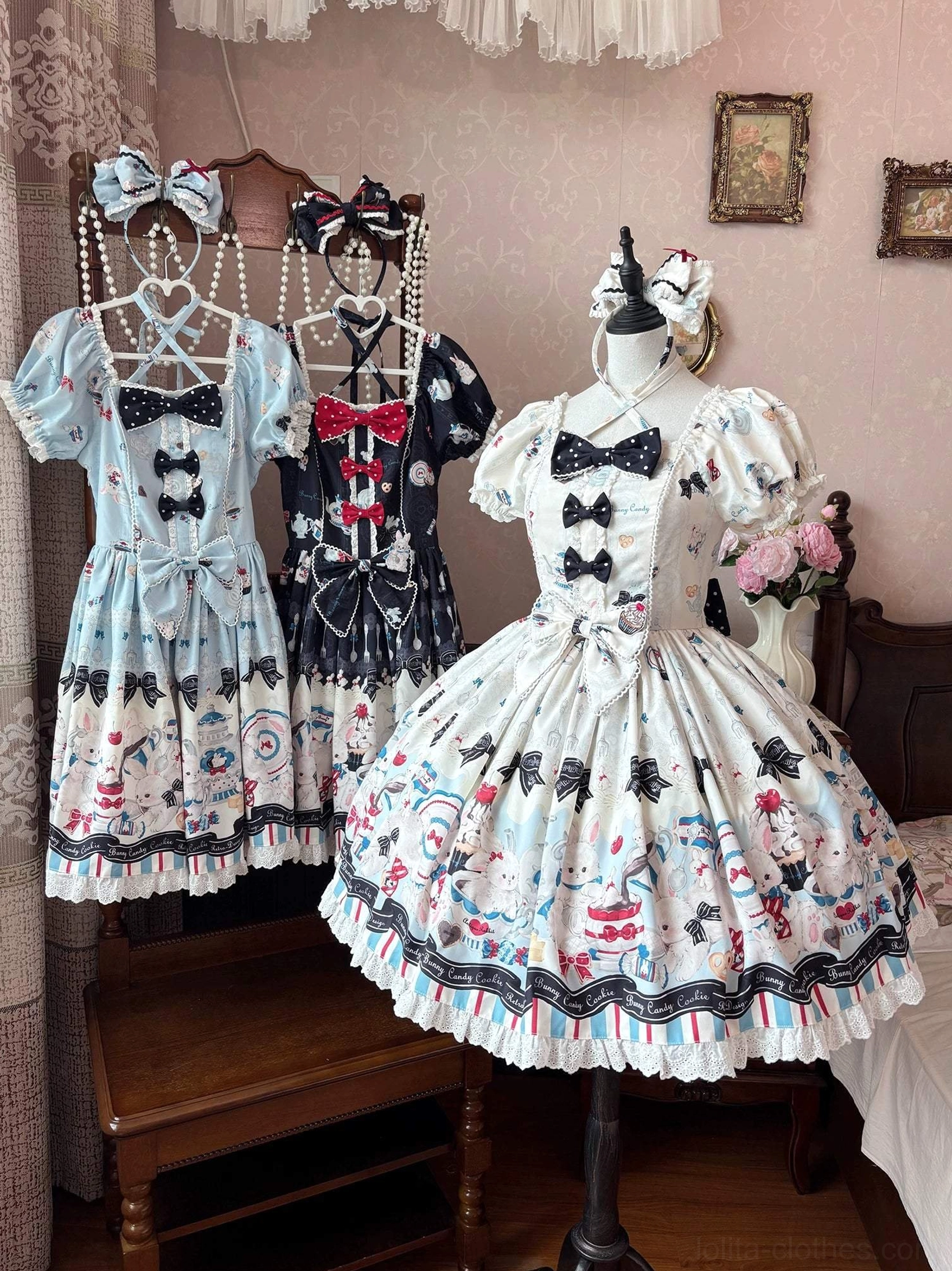 Sweet Lolita Salopette dress bunny print waist tie adjustment removable bow styling flexibility
