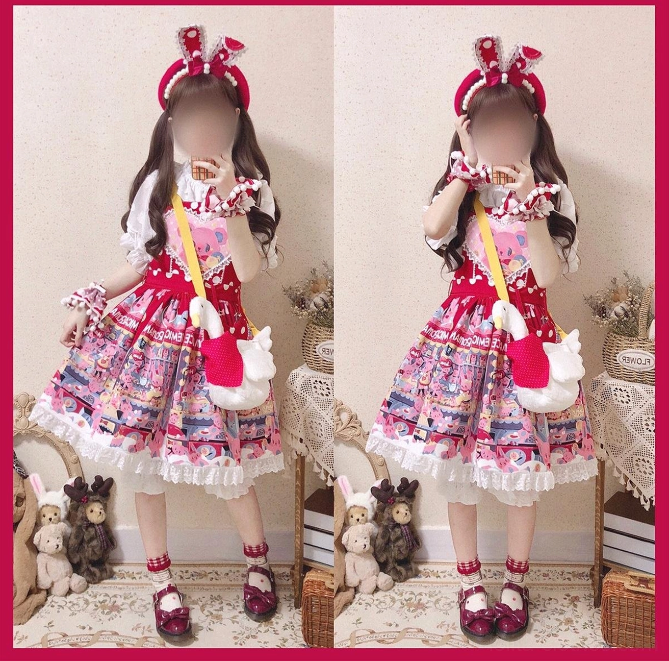 Sweet lolita jsk salopette with cute hair accessories bunny ears bow headband