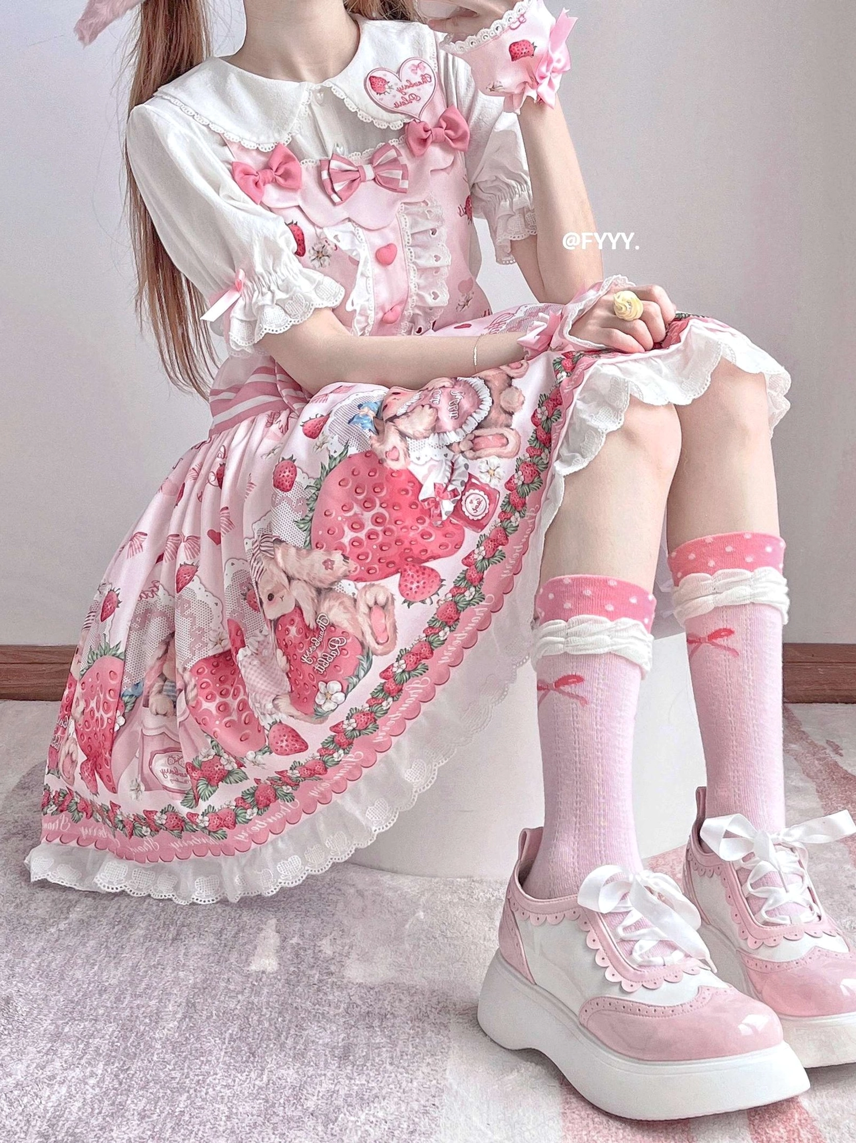 Sweet lolita salopette JSK model styling suggestion showing outfit coordination with shoes socks and accessories complete look