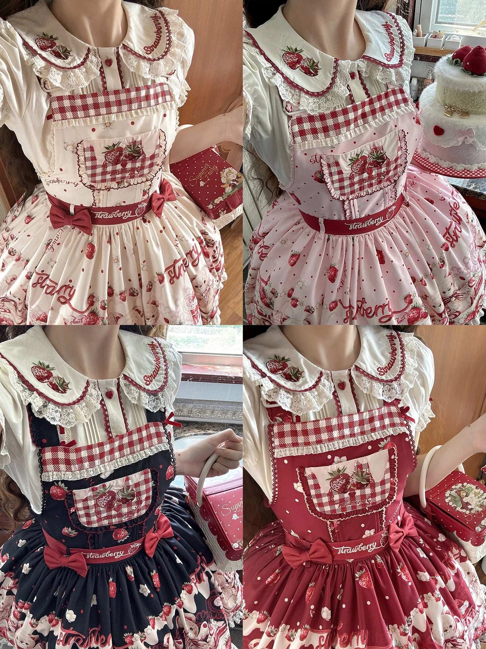 Multiple colorway sweet lolita salopette jsk displayed together showing black-red pink-beige and cream-red options, color comparison guide for choosing style preference