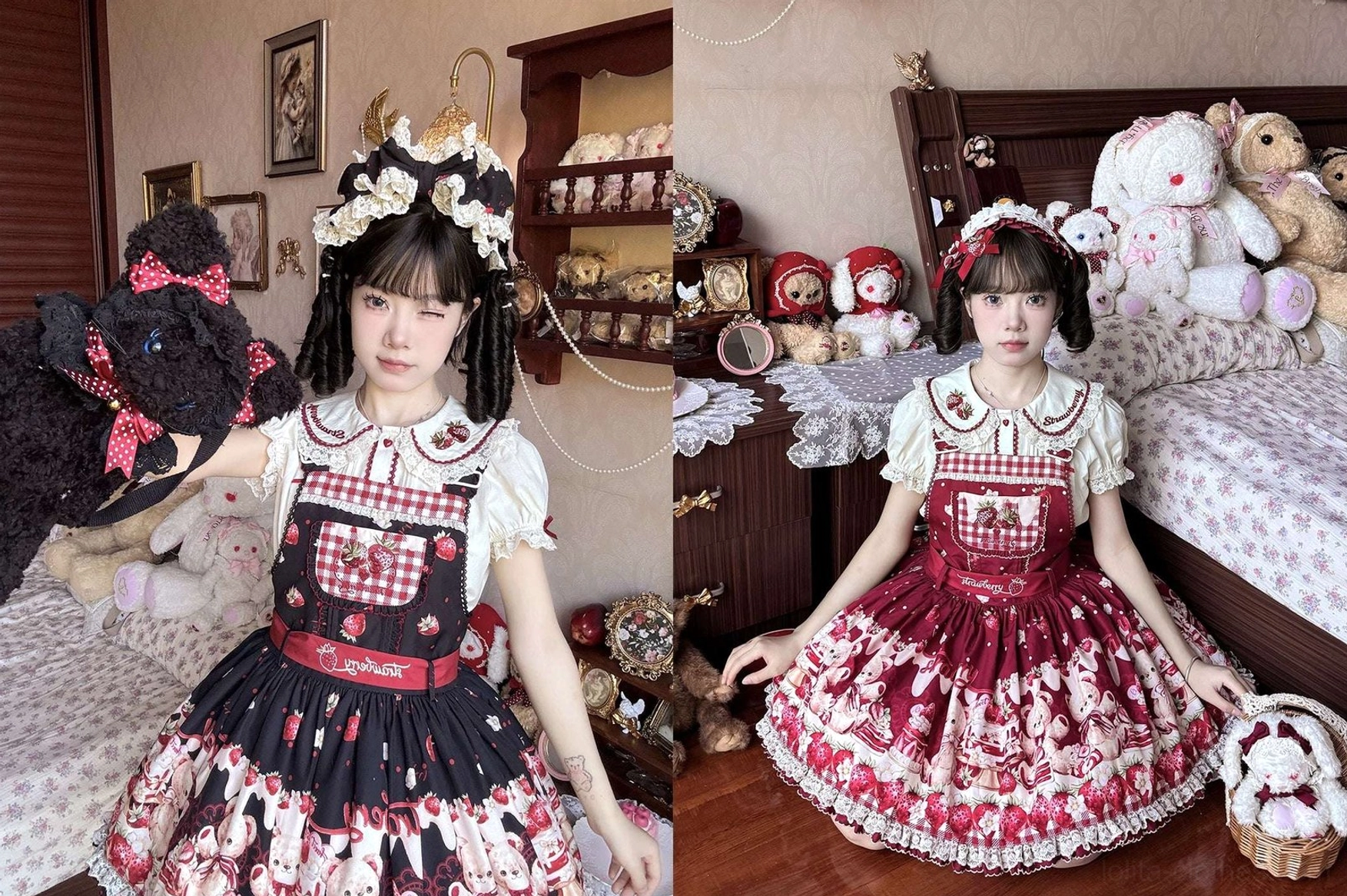 Sweet lolita salopette jsk with peter pan collar shirt complete set shown together demonstrating full ensemble design and complementary details coordination