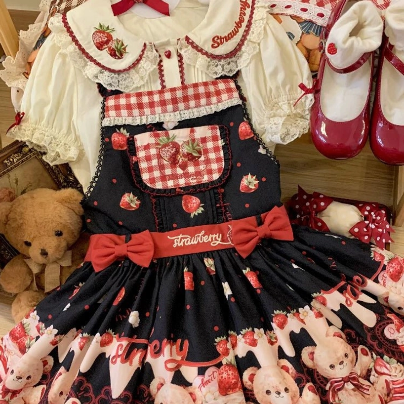 Sweet lolita salopette jsk size chart comparison guide for measurements in centimeters and inches, detailed fit specifications for salopette and peter pan collar shirt