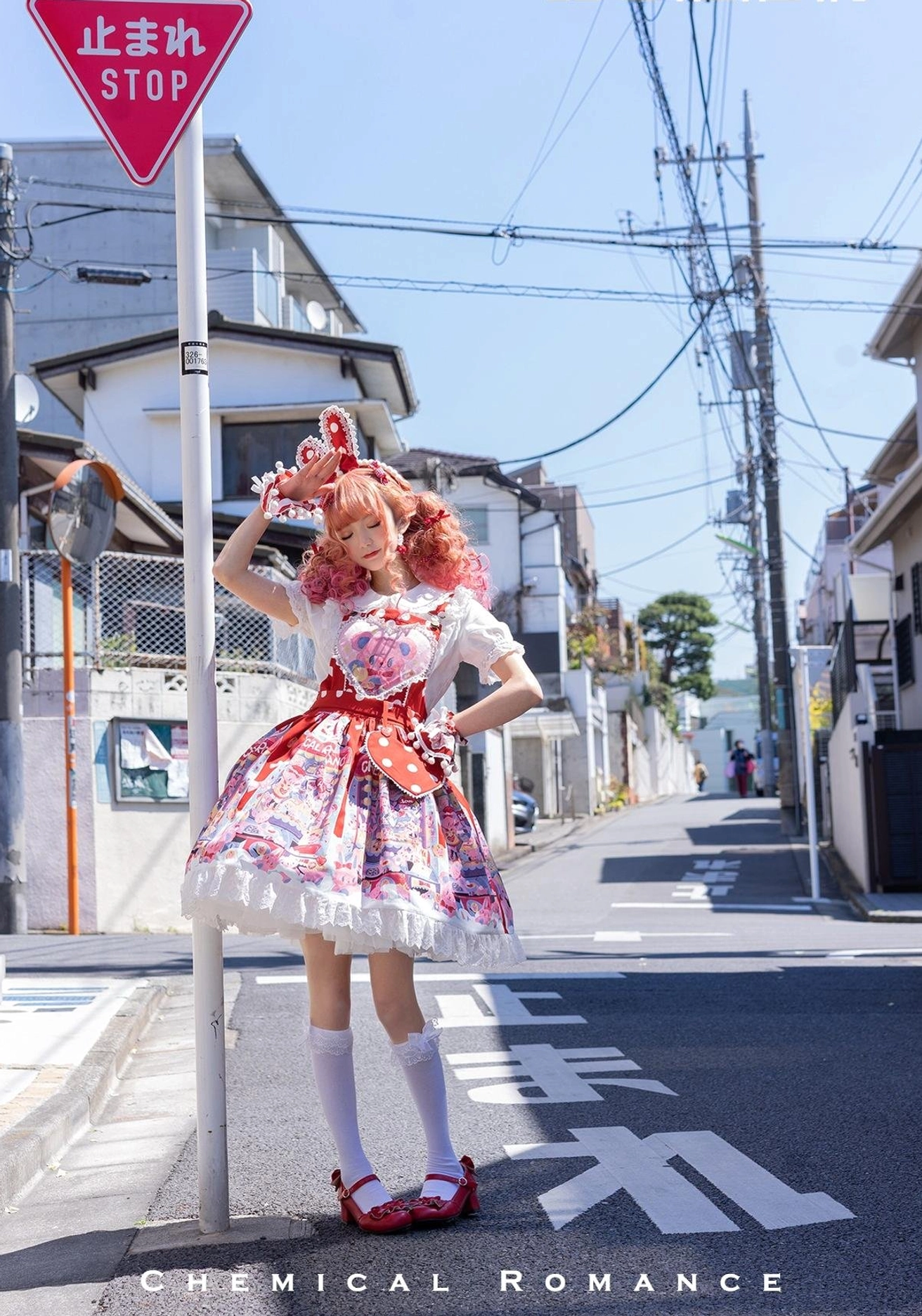 Sweet lolita salopette jsk with striped stockings vintage styled outfit coordination