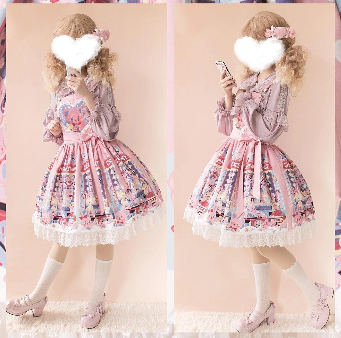 Sweet lolita salopette jumper skirt worn with white knee socks mary jane shoes styling