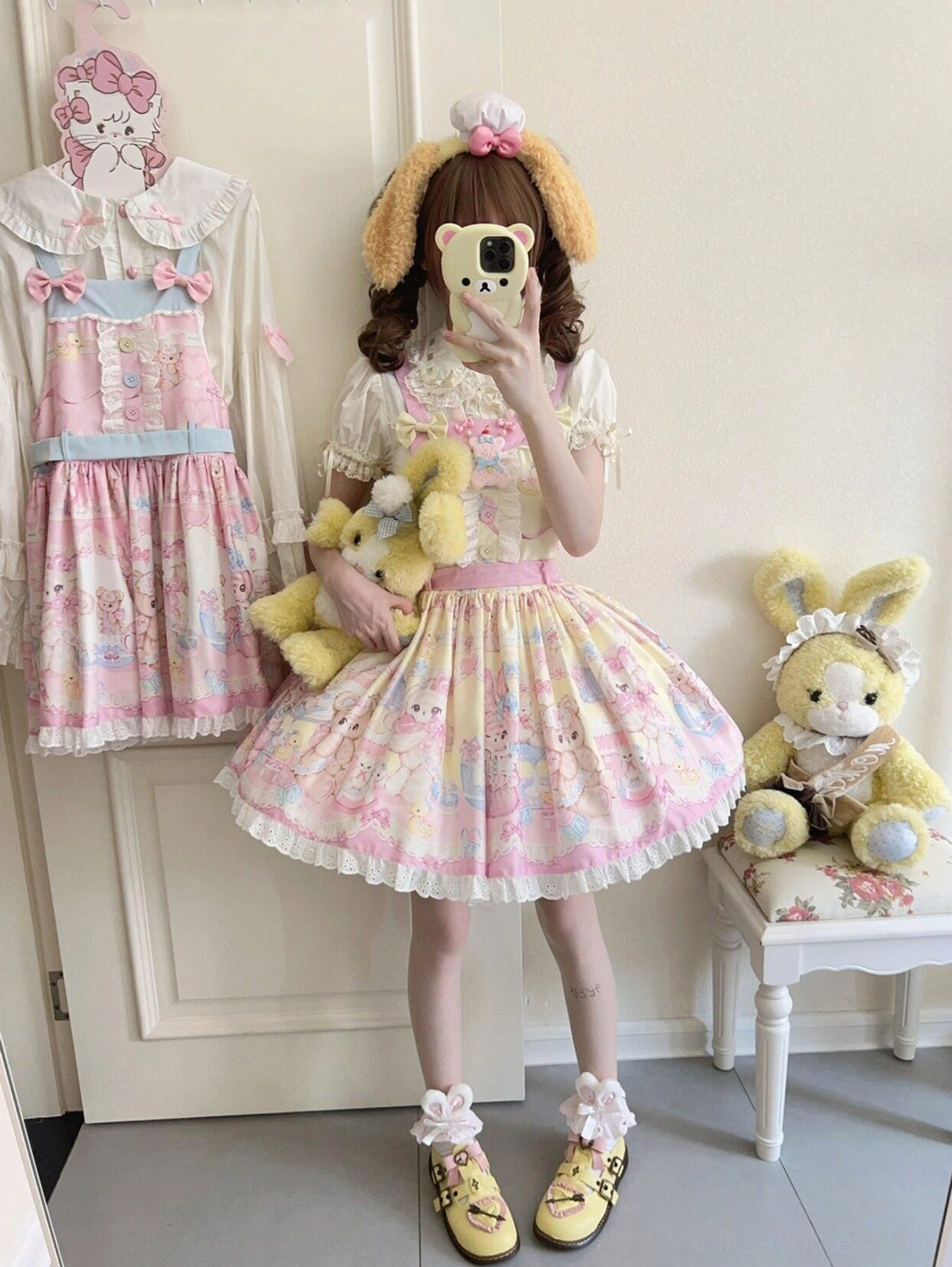 Sweet lolita salopette jumper skirt styling guide multiple color variants blue yellow pink dress collection display