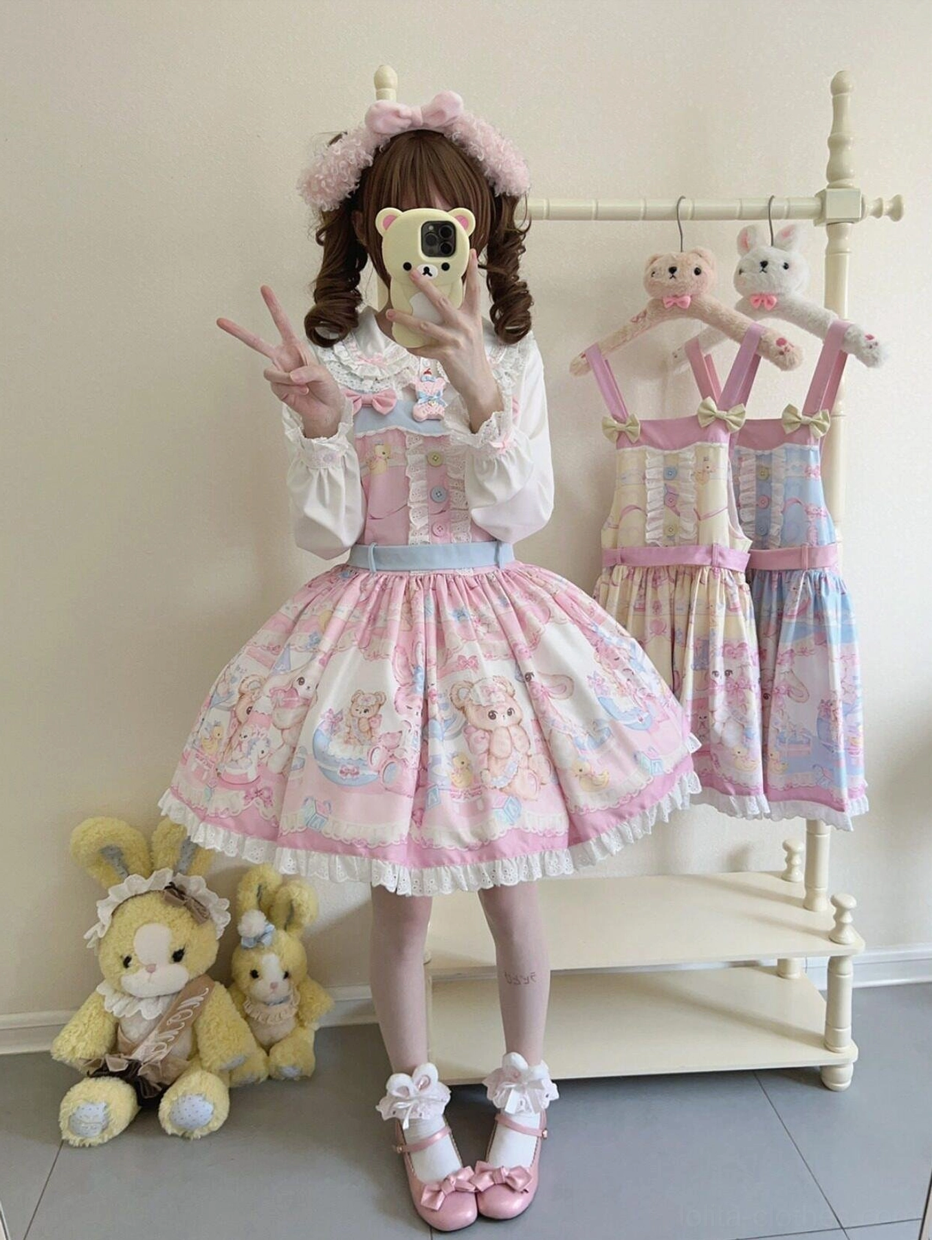 Sweet lolita salopette jumper skirt pink with blue waistband frilled lace hem white blouse full body mirror