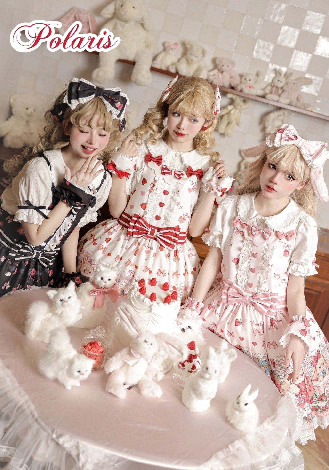 Sweet lolita salopette dress shoulder strap detail showing coordinated solid color bows and construction quality close-up